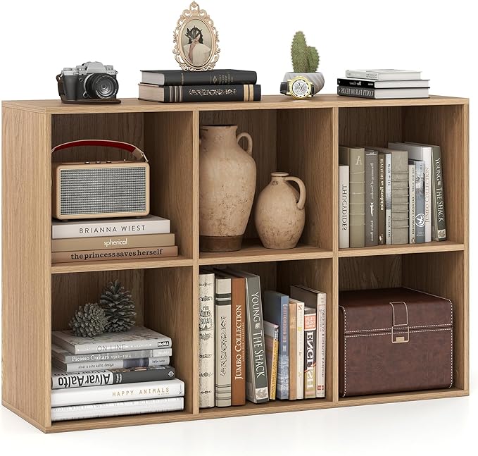 Giantex 6-Cube Bookcase, 3-Tier Cubby Bookshelf, Horizontal Vertical Display Rack with Anti-Tipping Kits, Modern Storage Organizer Shelf Unit for Bedroom, Living Room, Study Room, Natural | Horizontal Vertical Display Rack with Anti-Tipping Kits, Moder...