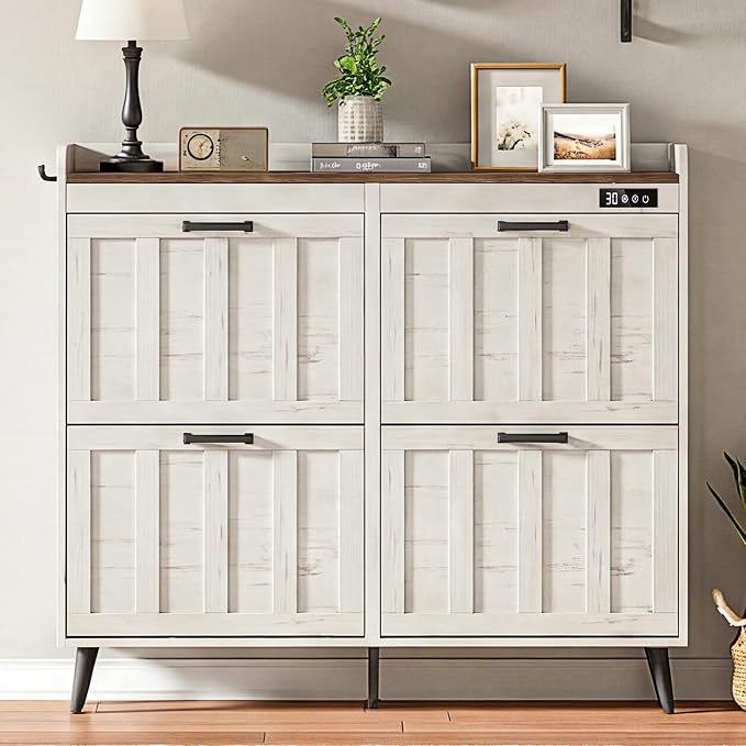 ChooChoo Shoe Storage Cabinet with 4 Flip Drawers and Deodorizer | Shoe Organizer Storage for Entryway, Freestanding Hidden Slim Narrow Shoe Rack Cabinet, Antique White & Brown