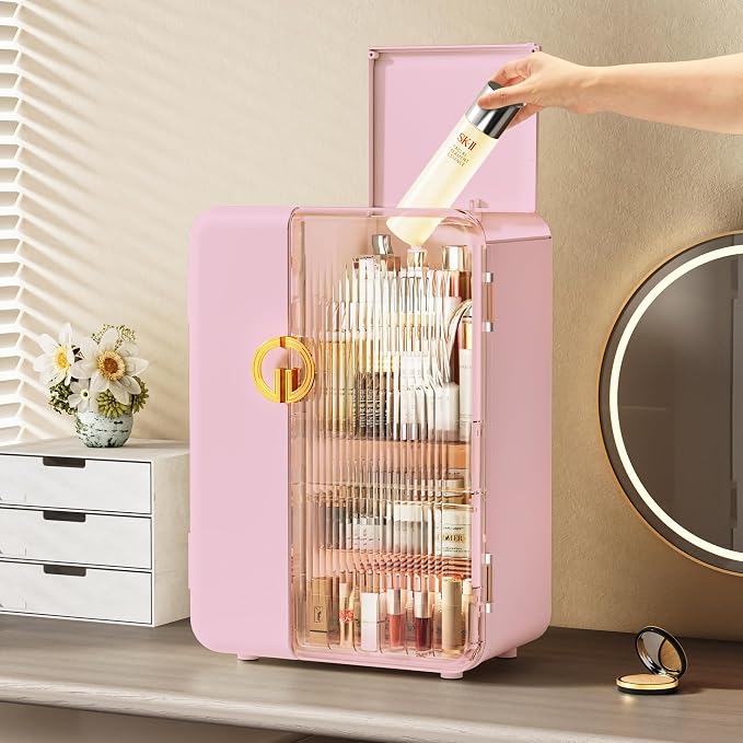 Makeup Organizer for Vanity, Large Capacity Skincare Organizers and Storage with Drawers, Dustproof Cosmetic Display Case for Bathroom Countertop, Trendy Teen Girl Gifts, Pink