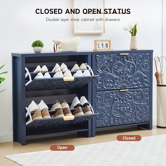 Shoe Cabinet with Flip Drawers, Narrow Shoe Storage Cabinet, 2-Tier Hidden Shoe Organizer with Carved Floral for Entryway, Mid-Century Modern Slim Shoes Storage for Hallway Foyer (1, Midnight Blue)