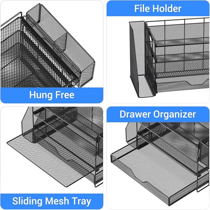 OPNICE Desk Organizer, 4-Tier Desktop File Organizer with Drawer and Pen Holders, Office Desk Accessories, File Sorters, Workspace Organizers for Office Supplies(Black - Metal Pen Holder)