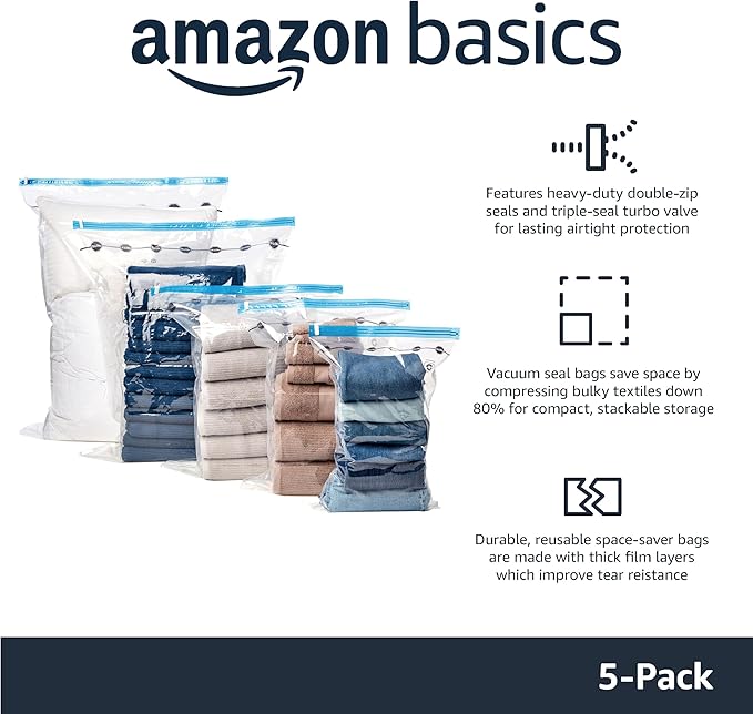 Amazon Basics Vacuum Storage Bags, Compression Space Saving for Clothes and Linens, Reusable with Hand Pump, Large, Clear, 5-Pack