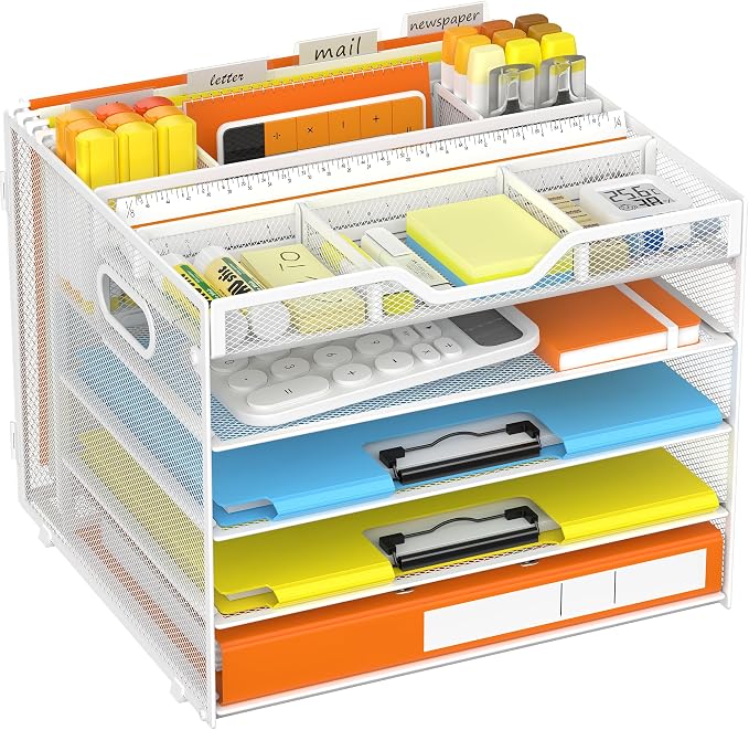 Docnest 5 Tier Desk Organizer with Hanging File Folder Holder&Tray, White | Features 3 detachable pen holders and 4 removable dividers.Versatile mesh desktop storage for mail, document,office supplie