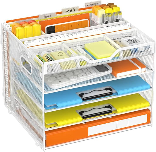 Docnest 5 Tier Desk Organizer with Hanging File Folder Holder&Tray, White | Features 3 detachable pen holders and 4 removable dividers.Versatile mesh desktop storage for mail, document,office supplie