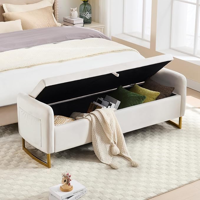 65" End of Bed Storage Bench, Velvet Storage Bench for Bedroom, Bed Bench with Storage, Tufted Upholstered and Gold Legs, Bedroom Benches with Arms for Living Room Window and Entryway Beige