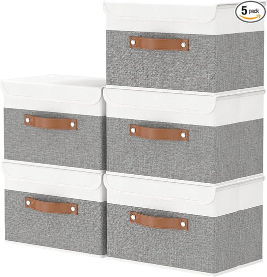 OUTBROS Collapsible Storage Boxes, 15x9.8x9.8 inch (White/Grey, 5-Pack) | Storage Cubes with Lid, Linen Fabric Wardrobe Baskets, Large Box For Towels, Clothes