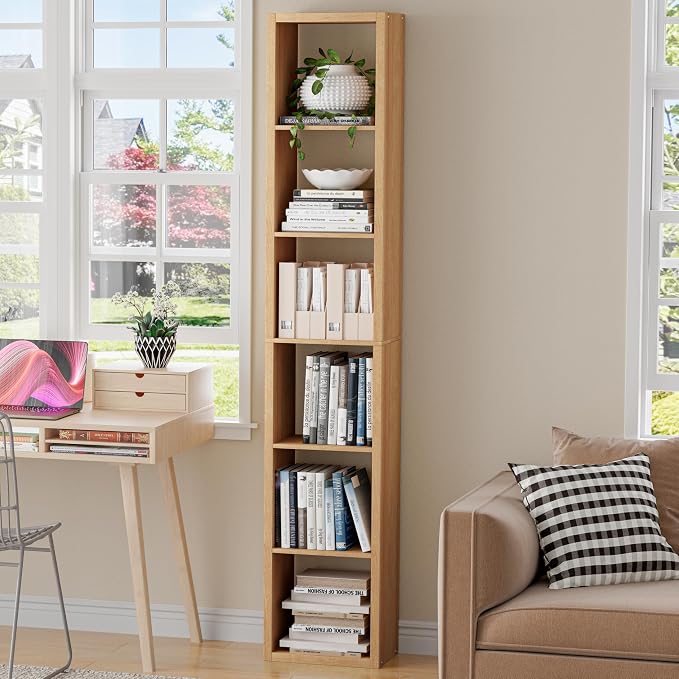 VDNEND Tall Cube Storage Organizer Bookcase, 6 Tier 11 inch Open Back Cubical Shelf with Thickened Border, Display Bookshelf for Living Room, Home Office, Sturdy Room (Natural Oak, 6 Cube,Vertical)