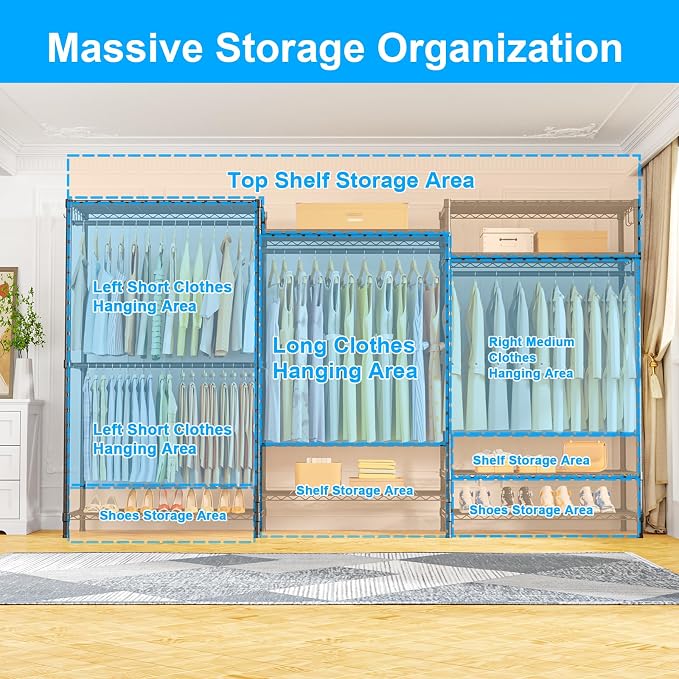 E13 Max Heavy Duty Clothes Rack（With 4 Hanger Rods & 8 Shelves） Freestanding Clothing Racks for Hanging Clothes，Adjustable Closet，Metal Garment Rack 86" W x16 D x77 H，Max Load 1100LBS，Black