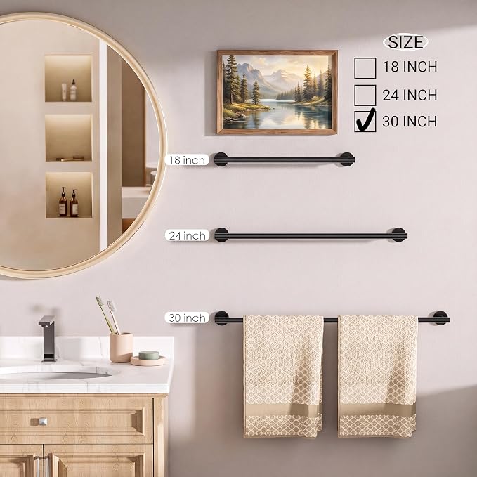 FORIOUS Bathroom Accessories, 4-Piece Bathroom Hardware Set - 30" Towel Bar | Matte Black | Towel Hooks, Towel Racks for Bathroom, Toilet Paper Holder Wall Mounted & Towel Ring | SUS304 Stainless Steel