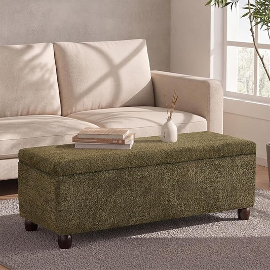 Boucle Storage Ottoman Bench, with Hidden Storage and Solid Wood Legs | Modern End of Bed Bench, Rectangle Footrest, Hidden Storage, Solid Wood Legs, Bedroom, Living Room and Entryway Use, Green