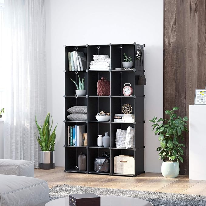 C&AHOME 16 Cube Storage Organizer Cube Shelves Units Storage Cubes, Black | Plastic DIY Closet Organizer, Stackble Modular Closet Storage Shelves Ideal for Home, Bedroom, 48.4" L × 12.4" W × 48.4" H