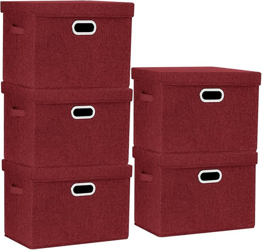 Large Collapsible Storage Bins with Lids, Organization Bins for Closet Storage, Clothes Storage, Folding Storage Box with Lids for Home Office Storage - 5 Pack - Red Wine