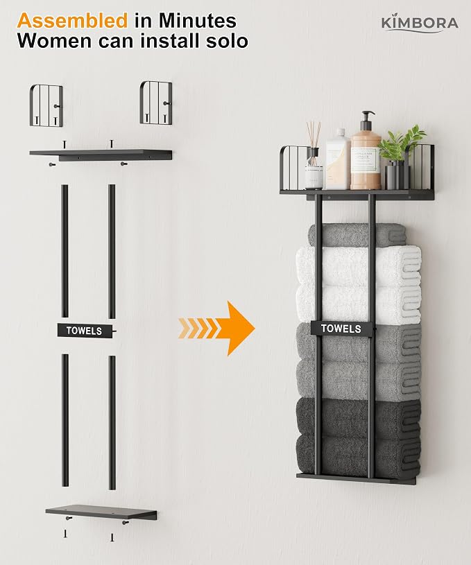 Towel Racks for Bathroom with Top Towel Shelf Hold 8 Large Rolled Towels, 36" Wall Mounted Bathroom Towel Storage Organizer for Small Bathroom, Camper, Rv (Black)