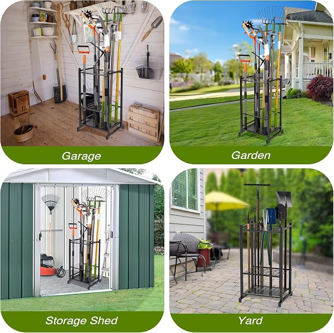 Tool Organizer for Garden, Garage Tool Organizer & Garage Organization – Heavy Duty Steel Garden Tool Organizer Stand Holds 35 Tools/Rakes/Brooms, Tool Storage Rack for Shed/Outdoor, Garage Organizer