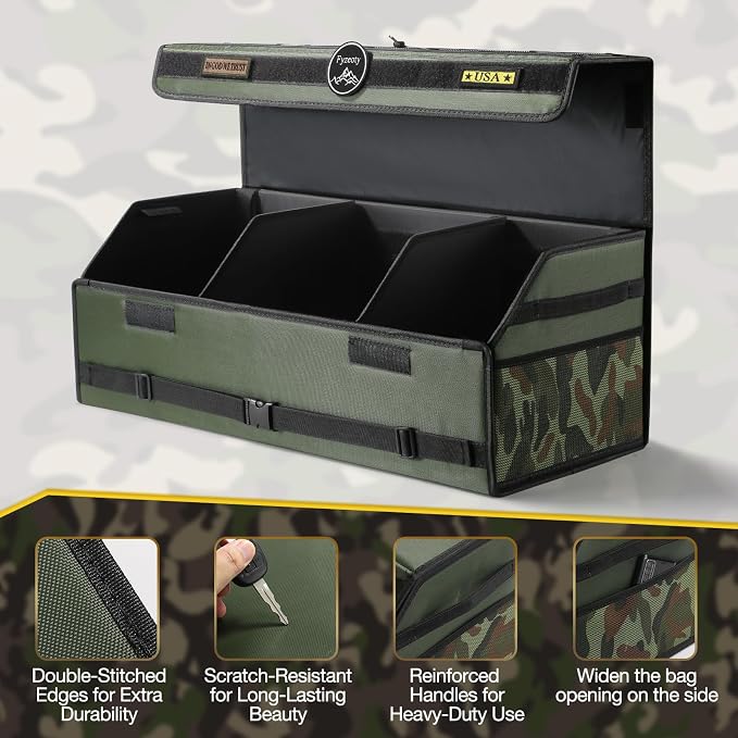 Fyzeoty Car Trunk Organizer for SUV and Sedan, Tactical‑Green, 29.5 in | Tactical & Aerospace Oxford, Extra‑Large, Hinged Lid, Collapsible & Adjustable, Water‑Resist & Dust‑Proof