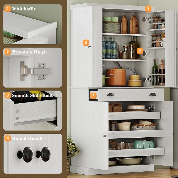 IRONCK 72" Kitchen Pantry Cabinet with Drawer and Sliding Racks, White | White wood pantry cabinet. 6 door shelves. 3 sliding racks. For kitchen, dining room, or hallway.