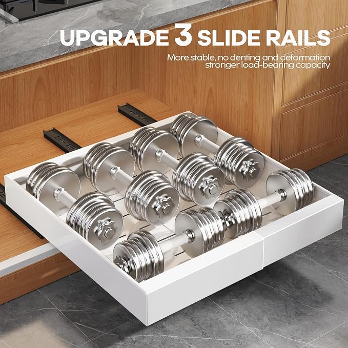 Seinloes 2Pack Expandable Pull Out Cabinet Organizer 21"Deep With Raising Pad for Framed Cabinets, Upgrade 3 Slide Rails Slide Out Drawers, Roll Out Shelves Adhesive,Adjustable Width 12.05"-20.4"White