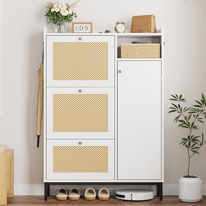 Garvee Shoe Cabinet with 3 Flip Drawers and 4-Tier Shoe Storage Cabinet, Freestanding Shoe Organizer with Adjustable Shelf and Rattan Doors for Entryway, Closet, Hallway