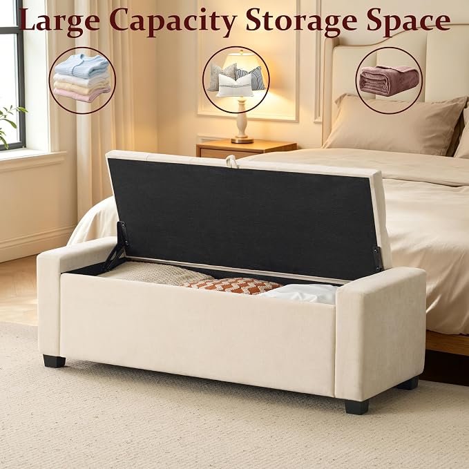 Royal Windsor 48" Ottoman with Storage,Tufted Storage Bench with Safety Hinge,Holds up to 350 lb,Upholstered Bench with Seating for Bedroom,Living Room,Entryway,Linen Beige