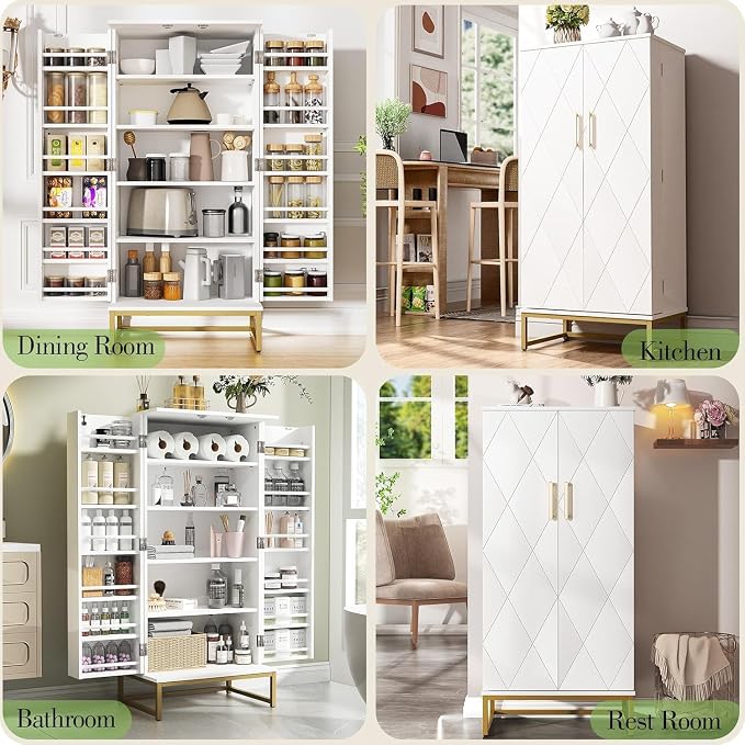 kepptory 51” Kitchen Pantry Storage Cabinet with Diamond Design, White Freestanding Pantry Cabinets with Golden Base and Handles, Buffet Cupboards Cabinet with 6 Adjustable and Large Storage Space