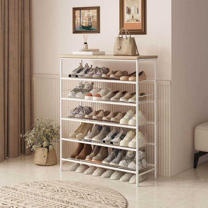 SUOERNUO 6 Tier Shoe Rack Organizer for Closet Shoe Storage for Entryway | Free Standing with MDF Top Board,Sturdy Metal Frame,Ideal for Living Room,Hallway White