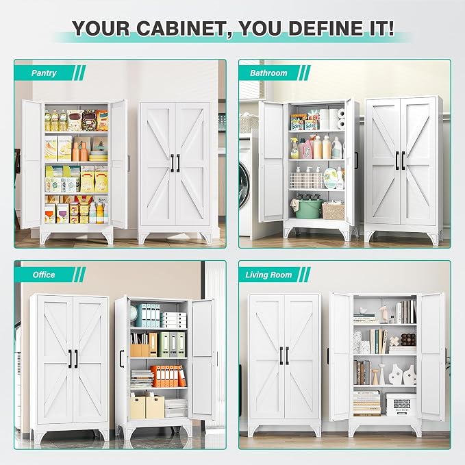 SISESOL Metal Storage Cabinet with 2 Doors and 3 Shelves,White Pantry Storage Cabinet with Legs,Farmhouse Pantry Cabinets Cupboard,Bathroom Cabinets for Home,Kitchen,Dining/Living Room (47.3" H)