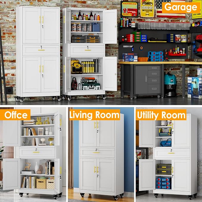 PAOFIN 74" H Metal Tall Storage Cabinet with Drawer | Garage Cabinet with Locking Doors and 3 Adjustable Shelves, Steel Cabinets for Garage, Home Office, White, Assembly Required