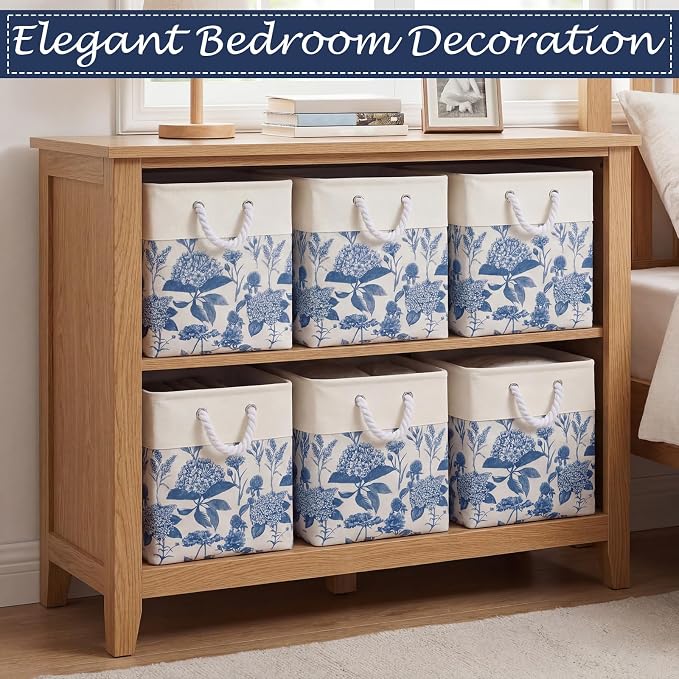 LemonRoad 6 Pcs Blue Hydrangea Cube Storage Bins 11.22 Inch Square Storage Basket with Handle, Preppy Girls Organizer Basket, Collapsible Fabric Box for Classroom Bedrooms Office Home Decoration Gift