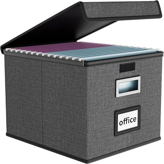 File Organizer Box with Lids, Collapsible File Folder Organizer | File Box with Plastic Slides for Document, Filing Bin for Letter Size Hanging File Folders (1 Pack, Dark Gray)