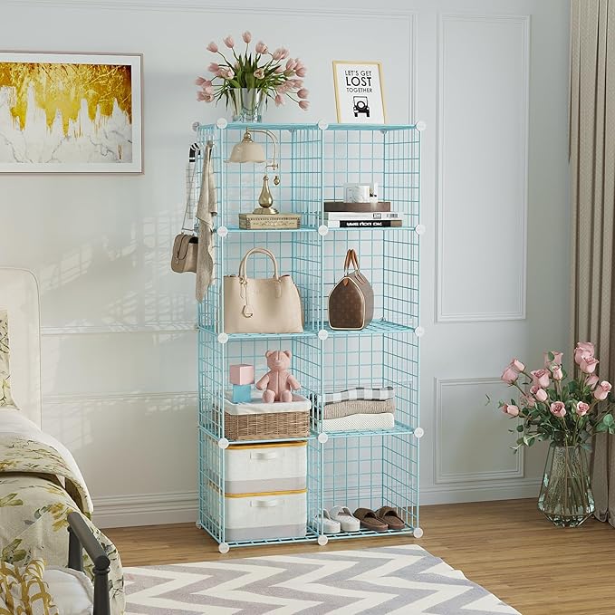 C&AHOME Wire Cube Storage, 8 - Cube Organizer Metal C Grids Units, Blue | Modular Shelves Units, Closet Organizer, Storage Bins Shelving, Ideal for Home, Office, Living Room