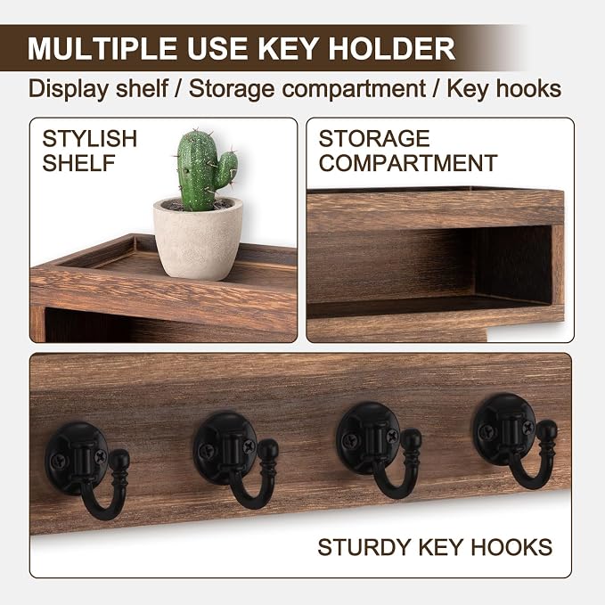 Key and Mail Holder Wall Mount, Key Hanger with Long Storage Box and 6 Hooks for Coat, Dog Leash, Home Decor Rack, House Accessories, Entry Way Organizer (Brown)