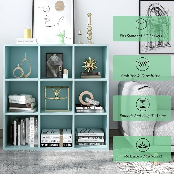 OSCHF 9-Cube Storage Shelf Bookcase, Light Blue | Wooden 3-Tier Open Bookshelf, Fits 11×11" Bins, Vertical or Horizontal Use, Full Back Panels, For Home Office