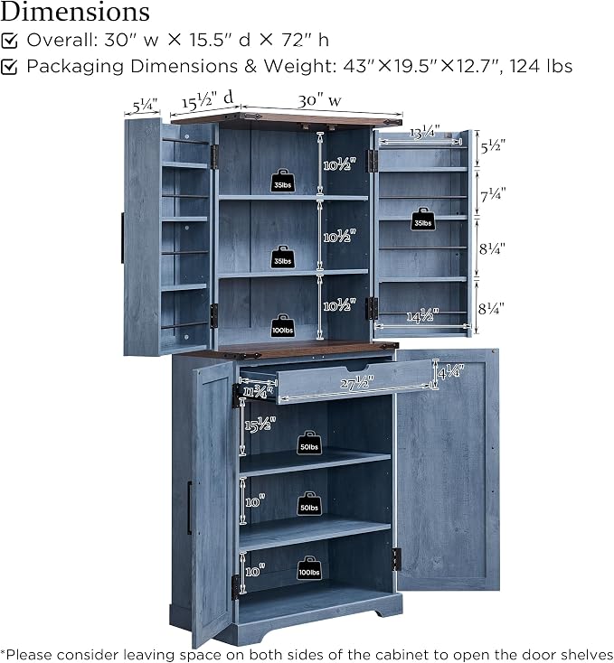 72" Tall Wooden Pantry Storage Cabinet with Door Shelves & Drawer | Farmhouse, Barn Doors, Adjustable Shelves, Freestanding, Anti-tip Kit, for Kitchen, Dining Room, Living Room