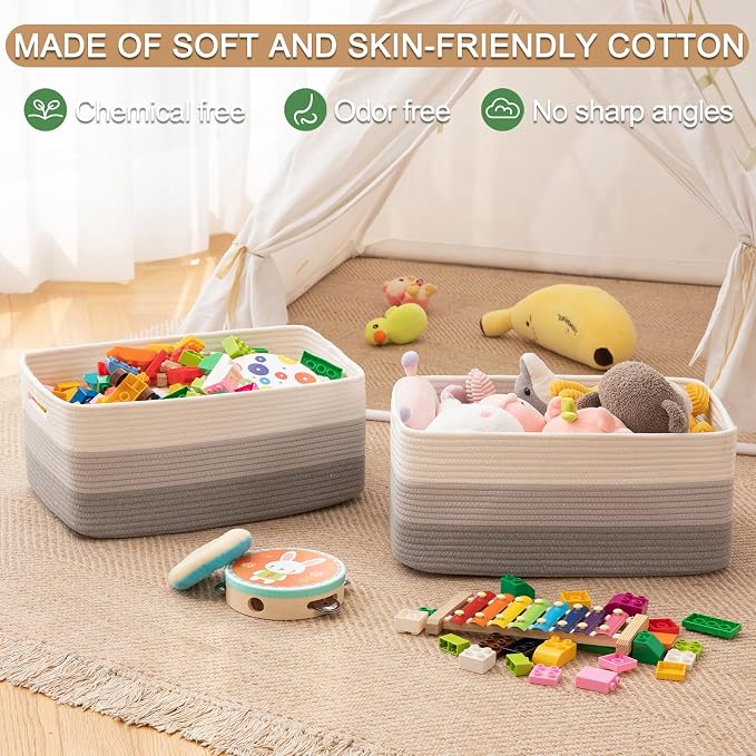 OIASKET Large Storage Basket for Organizing, Woven Rope Basket for Shelves, Closet Organizer Bins for Clothes, Blanket, Toys, Baby Nursery Storage, 17.7" x 13" x 7.87", 3 Packs Gradient Grey