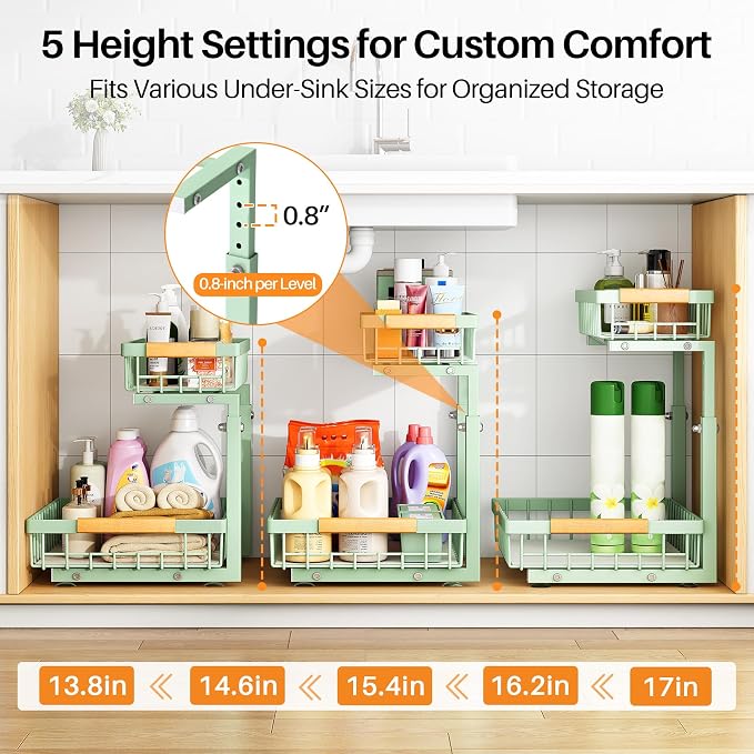 PXRACK Under Sink Organizer, Adjustable Height, 2 Tier Pull Out Under Cabinet Organizer, Slide Out Thickened Metal Under Sink Storage for Kitchen Bathroom Laundry Pantry Cabinet, Green, Large-2-Pack