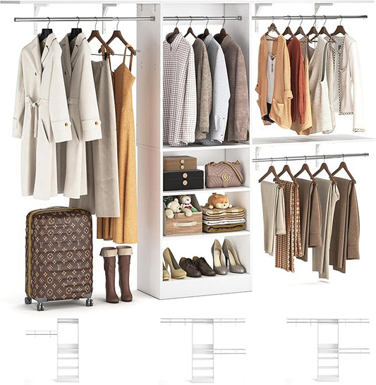 8FT Closet System with 3 Wooden Storage Shelves, 96'' Closet Organizer System with 3 Hanging Rods, Wall Mount Bedroom Wardrobe Walk-in Closet, Adjustable Garment Rack from 5 to 8FT (Cut to Fit), White