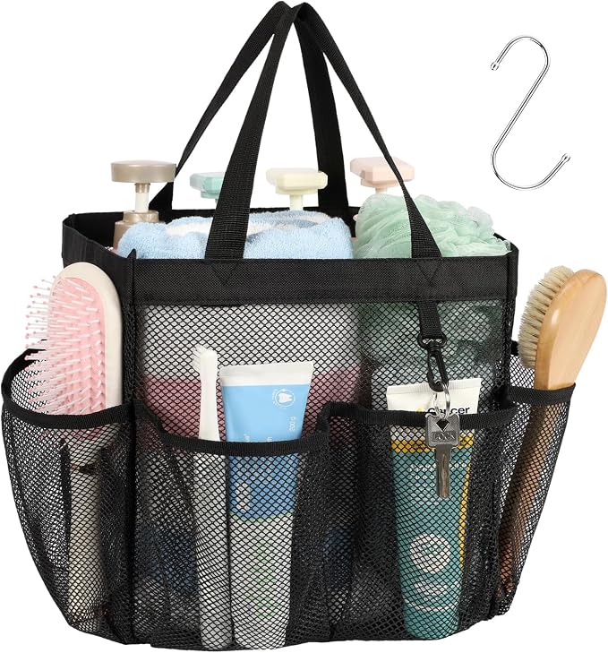 Mesh Shower Caddy Portable - 8 Pockets, S-Hook, Shower Bag for Dorm Camping | 2-Handle, Quick-Dry, Hanging Toiletry Organizer, College Dorm Room Essentials for Girls, Gym, Travel & Bathroom, Black