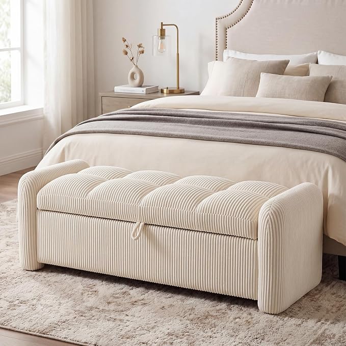 Oversized Corduroy Ottoman Bench with Storage, Upholstered End of Bed Bench for Bedroom, Ottoman Foot Rest for Living Room, Beige