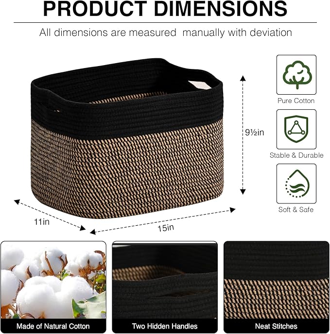 ICERZCZ Woven Cotton Rope Storage Basket for Organizing, Cute Decorative Baskets for Gifts Empty, Organizer Bins for Dog Toy, Baby Laundry, 15“×11”×9.5“, Jute & Black