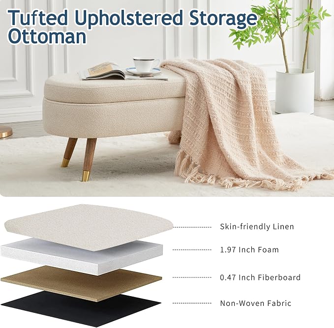 IAFIKE Oval Storage Bench 43.5" Ottoman Bench Upholstered Boucle Fabric Footrest Bench with Golden Metal Legs End of Bed for Bedroom, Living Room, Entryway,Bed Side (Beige)