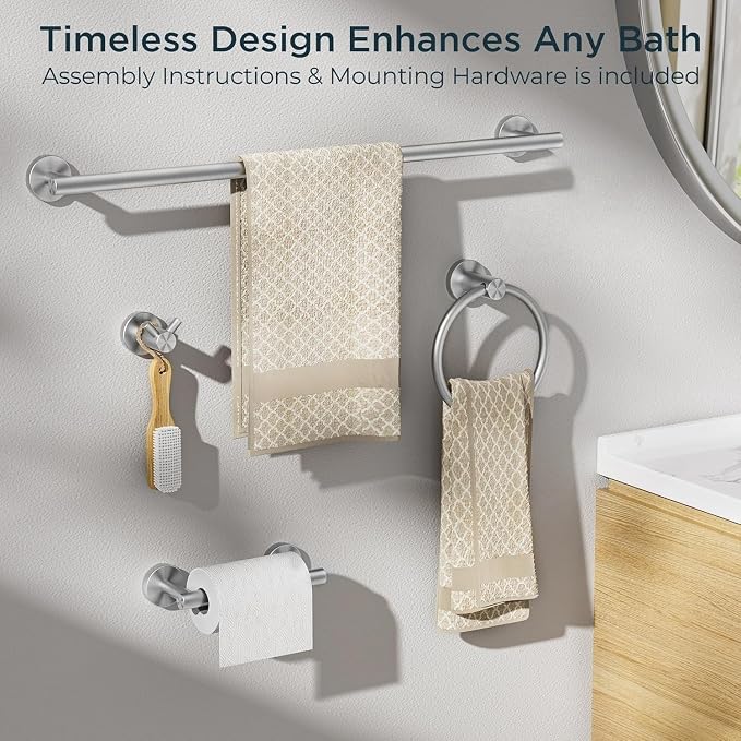 FORIOUS Bathroom Accessories, 8-Piece Bathroom Hardware Set - 24" Towel Bar | Brushed Nickel | Towel Hooks, Towel Racks for Bathroom, Toilet Paper Holder Wall Mounted, Towel Ring | SUS304 Stainless Steel
