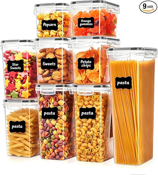 9 PCS Airtight Food Storage Containers with Lids, Plastic Kitchen and Organization Canisters for Cereal, Dry Food, Flour and Sugar, BPA-Free, PVC-Free, Includes Labels & Marker