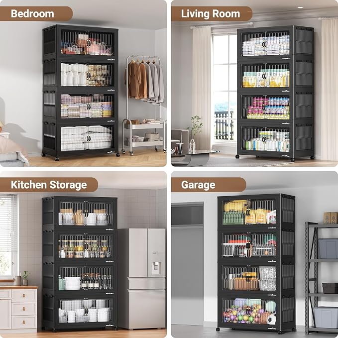 BROVIEW 600 Qt Extra Large Stackable Storage Bins with Lid, Plastic Closet Organizer and Storage Drawer, Collapsible Storage Box with Wheels, Folding Storage Cabinet for Closet Organizing, 3Pack Black