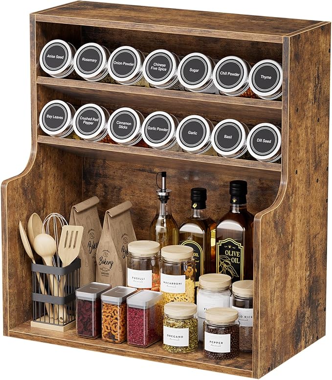 Simple Trending Spice Rack Organizer, 3 Tire Wood Kitchen Counter Spice Rack, Large Counter Seasoning Organizer Storage Shelf for Pantry, Kitchen, 7” W × 14.3” H, Brown