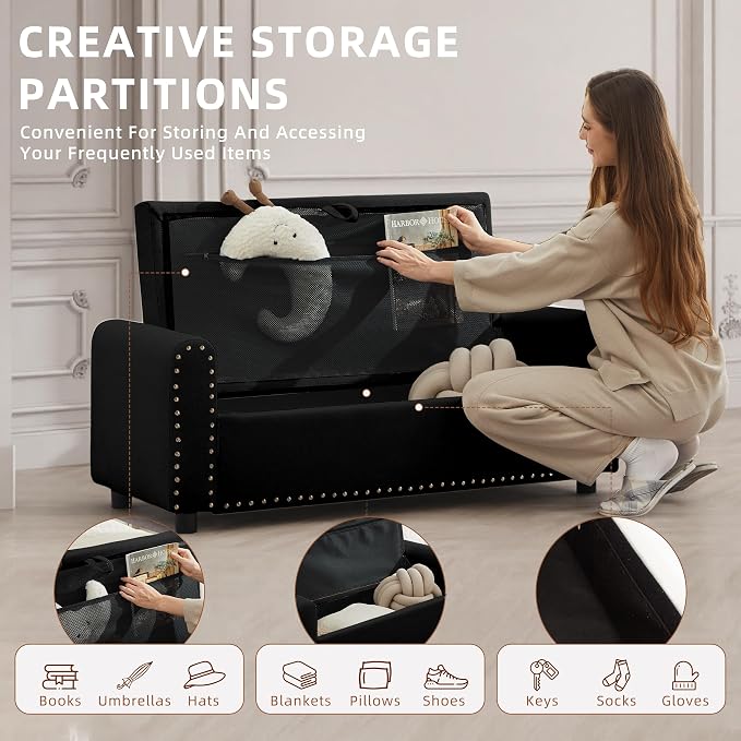 48" Ottoman with Storage, Tufted Storage Ottoman Bench, Convenient Living Room Fabrics Bench Seat, Entryway Shoe Benches with Inner Zipper & Arm, Upholstered Window Seat Ottomans with Rivets, Black
