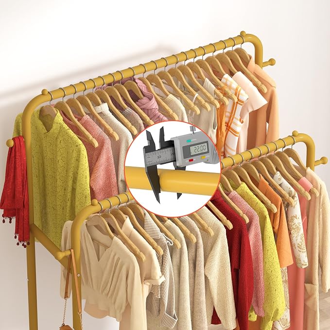 Laiensia Double Rods Garment Rack with Wheels, Clothing Rack for Hanging Clothes,4 Hooks, Multi-functional Bedroom Clothes Rack, Gold