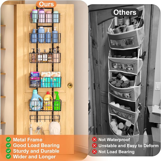 Hongtamoya Adjustable Over the Door Organizer, Metal Hanging Door Organizer with 5 Wire Basket 7 Hooks, Wall Mounted Shelf for Pantry Laundry Organization and Storage, Black