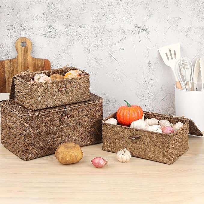 Sumnacon Small Wicker Basket with Lid,Tampon Holder for Bathroom,Coffee,XS | Natural Seagrass Female Product Organizer for Toiletries Pad Tampon Storage,Farmhouse Woven Baskets for Shelf, Toilet Tank
