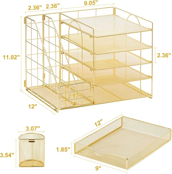Marbrasse Desk Organizer with File Holder, 5-Tier Paper Letter Tray Organizer with Drawer and 2 Pen Holder, Mesh Desktop Organizer and Storage with Magazine Holder for Office Supplies (Gold 2p)