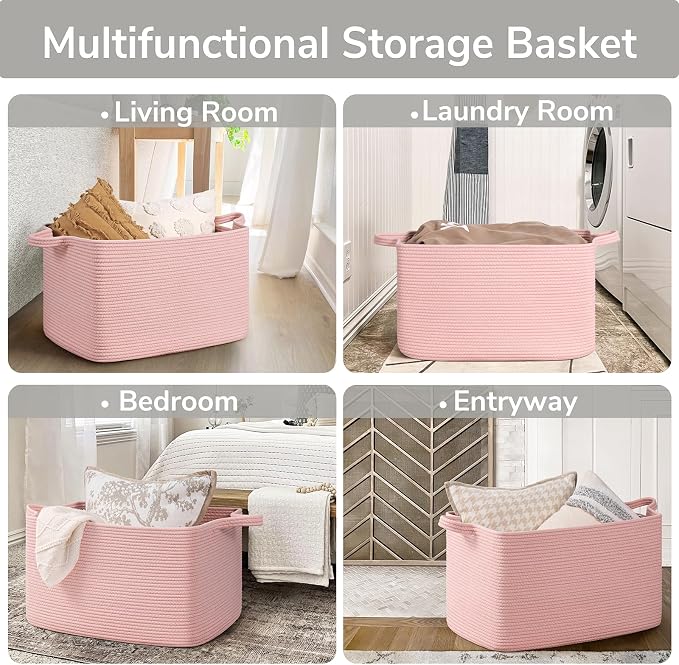 Goodpick Large Woven Storage Basket, Rectangle Toy Organizer, Pink | 21.6 x 14.9 x 11.8 in, Reinforced Handles, Living Room, Bedroom & Nursery Organization, Toys & Blankets Storage